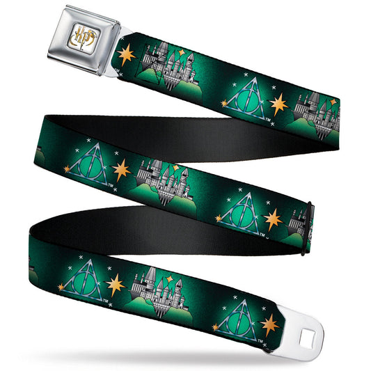 Harry Potter HP Logo Watercolor Full Color White/Yellows Seatbelt Belt - Harry Potter Hogwarts and Deathly Hallows Tattoo Black/Greens Webbing - MEGA POP COMICS 