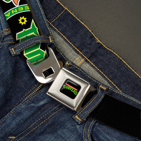 Classic TMNT Logo Full Color Seatbelt Belt - Classic Teenage Mutant Ninja Turtles Group Faces/TMNT/Ninja Star Black/Green Webbing - MEGA POP COMICS 