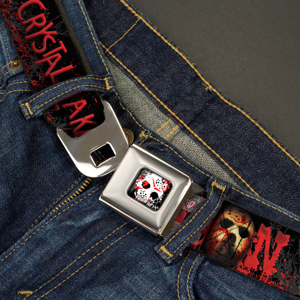 FRIDAY THE 13th/Jason Mask 5 Full Color Splatter Black/White/Red Seatbelt Belt - JASON Mask6/CAMP CRYSTAL LAKE/Hand Prints Blood Splatter Black/Reds/Gray Webbing - MEGA POP COMICS 