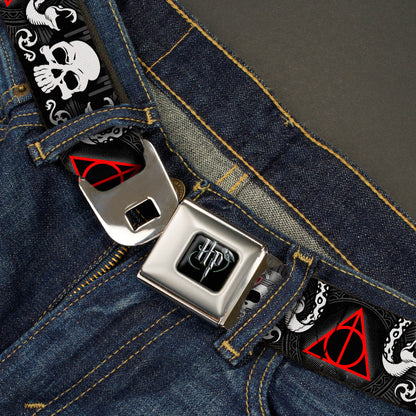 Harry Potter Logo Full Color Black/White Seatbelt Belt - Deathly Hallows Symbol/Death Mark Skull/Snakes Black/Gray/White/Red Webbing - MEGA POP COMICS 
