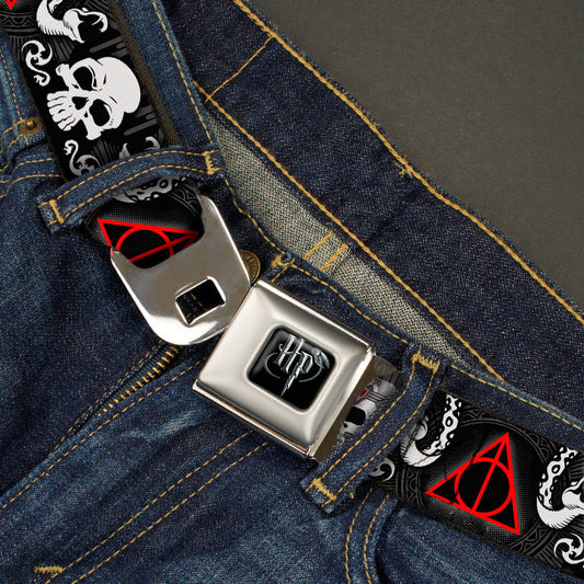 Harry Potter Logo Full Color Black/White Seatbelt Belt - Deathly Hallows Symbol/Death Mark Skull/Snakes Black/Gray/White/Red Webbing - MEGA POP COMICS 
