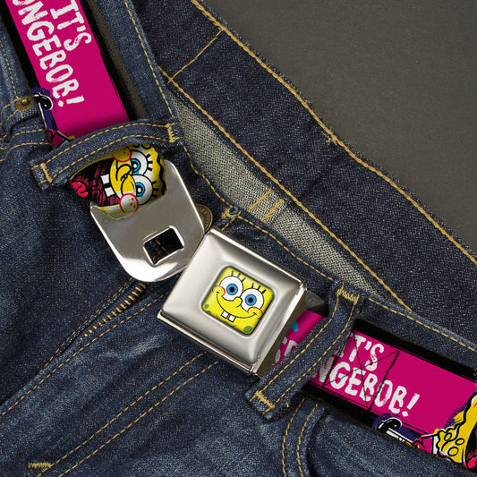 Sponge Bob Face CLOSE-UP Full Color Seatbelt Belt - SpongeBob Pose IT'S SPONGEBOB! Stripe Black/Pink/Blue/White Webbing - MEGA POP COMICS 