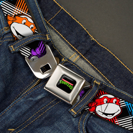 Classic TMNT Logo Full Color Seatbelt Belt - Classic Teenage Mutant Ninja Turtles Masked Faces/Stripes Black/White/Multi Color Webbing - MEGA POP COMICS 