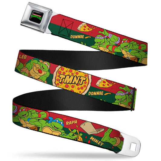 Classic TMNT Logo Full Color Seatbelt Belt - Classic TMNT 4-Turtles Pizza Party Stripe Red/Green Webbing - MEGA POP COMICS 