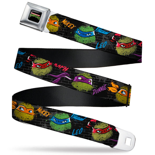Classic TMNT Logo Full Color Seatbelt Belt - Classic Teenage Mutant Ninja Turtles Faces/Names "Graffiti" Black/Gray/Multi Color Webbing - MEGA POP COMICS 