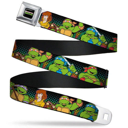 Classic TMNT Logo2 Full Color Seatbelt Belt - Classic TMNT Logo2/Turtles & April Pose Halftone Multi Color/Black Webbing - MEGA POP COMICS 