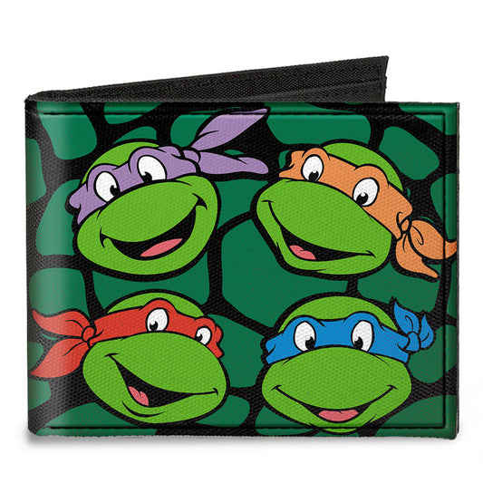 Canvas Bi-Fold Wallet - Classic TMNT Turtle Faces Black Green Turtle Shell - MEGA POP COMICS 