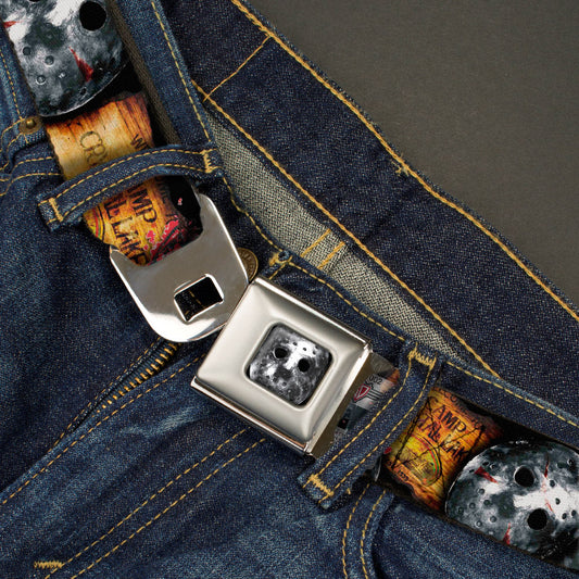 Jason Mask2 CLOSE-UP Full Color Black/Grays Seatbelt Belt - FRIDAY THE 13th/WELCOME TO CAMP CRYSTAL LAKE/Jason Mask3 Stacked/Axe Webbing - MEGA POP COMICS 