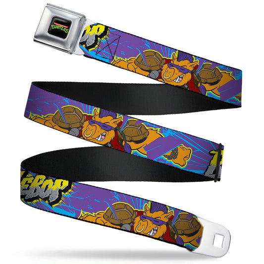 Classic TMNT Logo Full Color Seatbelt Belt - BEBOP Pose/Shatter Purple/Blues/Yellow/Gray Webbing - MEGA POP COMICS 