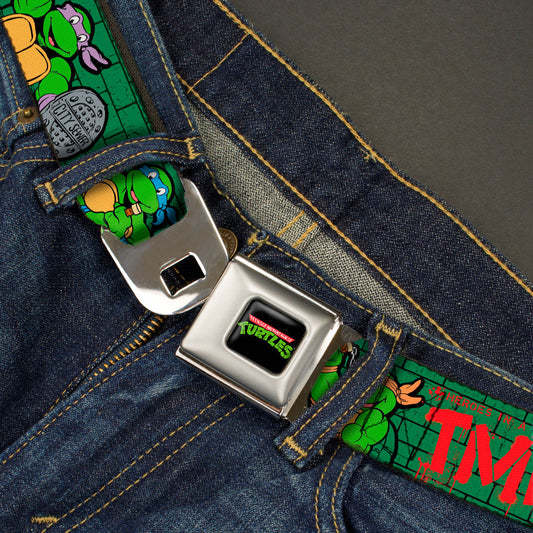 Classic TMNT Logo Full Color Seatbelt Belt - Classic Teenage Mutant Ninja Turtles Group Pose2/TMNT Green Brick Wall Webbing - MEGA POP COMICS 