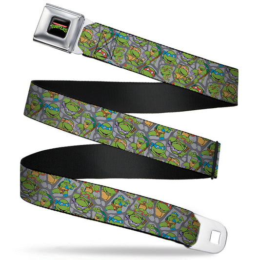 Classic TMNT Logo Full Color Seatbelt Belt - Classic Teenage Mutant Ninja Turtles Expression & Pose Turtle Shell Collage Lavender Webbing - MEGA POP COMICS 