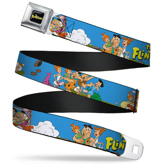 THE FLINTSTONES Logo Full Color Black Yellow Seatbelt Belt - The Flintstones and Rubbles Group Pose/Logo Blue Webbing - MEGA POP COMICS 