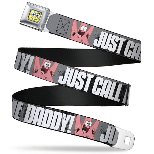 Sponge Bob Face CLOSE-UP Full Color Seatbelt Belt - Hairy Patrick Starfish JUST CALL ME DADDY! Gray/Black/White Webbing - MEGA POP COMICS 