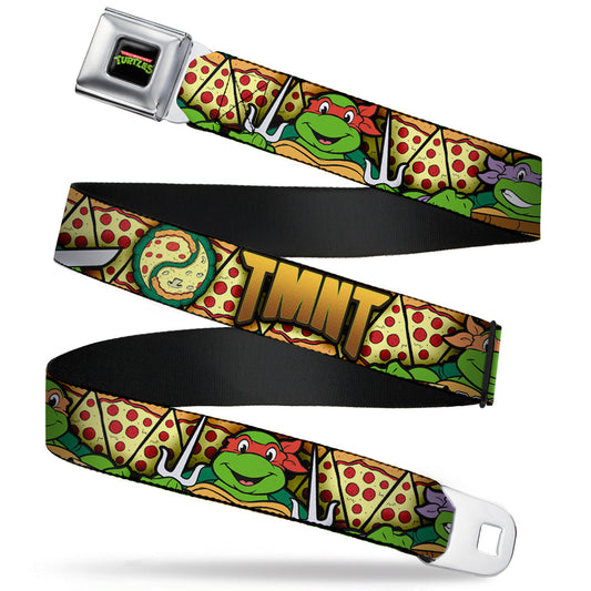 Classic TMNT Logo Full Color Seatbelt Belt - Classic Teenage Mutant Ninja Turtles Turtle Poses/Pizza Slices Webbing - MEGA POP COMICS 