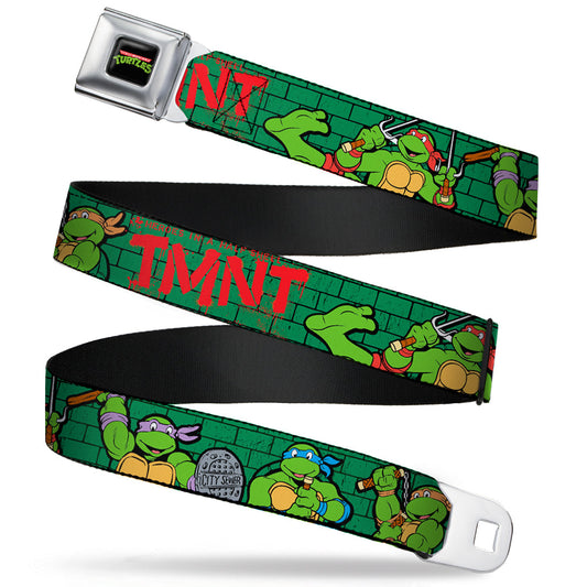 Classic TMNT Logo Full Color Seatbelt Belt - Classic Teenage Mutant Ninja Turtles Group Pose2/TMNT Green Brick Wall Webbing - MEGA POP COMICS 