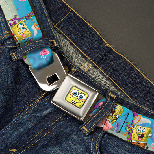 Sponge Bob 3-D Face CLOSE-UP Full Color Seatbelt Belt - SpongeBob & Patrick Starfish Jellyfishing Scenes Webbing - MEGA POP COMICS 