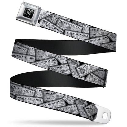 Harry Potter Logo Full Color Black/White Seatbelt Belt - Harry Potter Potion Labels Webbing - MEGA POP COMICS 