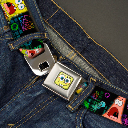 Sponge Bob Face CLOSE-UP Full Color Seatbelt Belt - Surprised SpongeBob & Patrick Starfish/SPONGEBOB/Jellyfish Black/Multi Color Webbing - MEGA POP COMICS 
