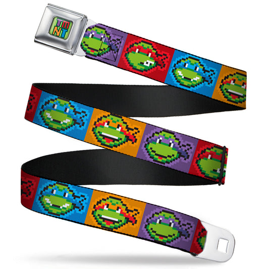 TMNT 8-Bit Full Color Greens/Multi Color Seatbelt Belt - Classic Teenage Mutant Ninja Turtles 8-Bit Face Blocks Multi Color Webbing - MEGA POP COMICS 