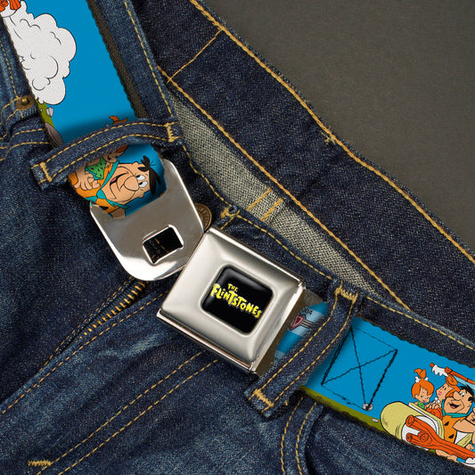 THE FLINTSTONES Logo Full Color Black Yellow Seatbelt Belt - The Flintstones and Rubbles Group Pose/Logo Blue Webbing - MEGA POP COMICS 