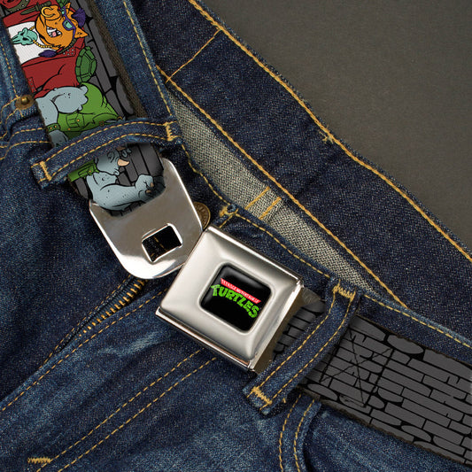 Classic TMNT Logo Full Color Seatbelt Belt - TMNT Rocksteady & Bebop Poses Bricks Gray/Black Webbing - MEGA POP COMICS 