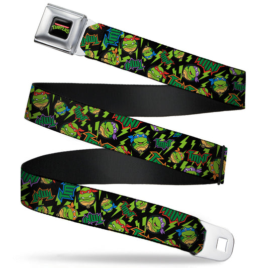 Classic TMNT Logo Full Color Seatbelt Belt - Classic TMNT/Bolts/Faces Black/Greens Webbing - MEGA POP COMICS 
