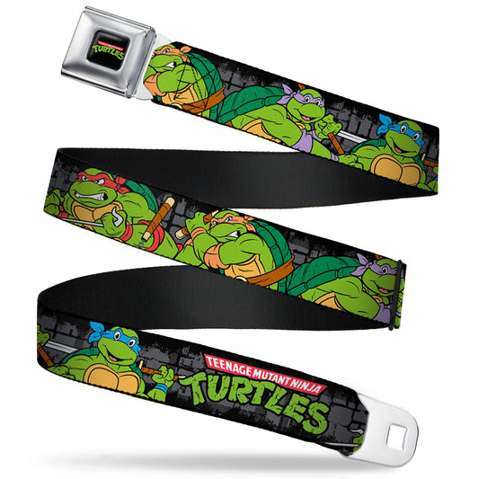 Classic TMNT Logo Full Color Seatbelt Belt - Classic TEENAGE MUTANT NINJA TURTLES Group Pose4 in Sewer/TMNT Logo Webbing - MEGA POP COMICS 