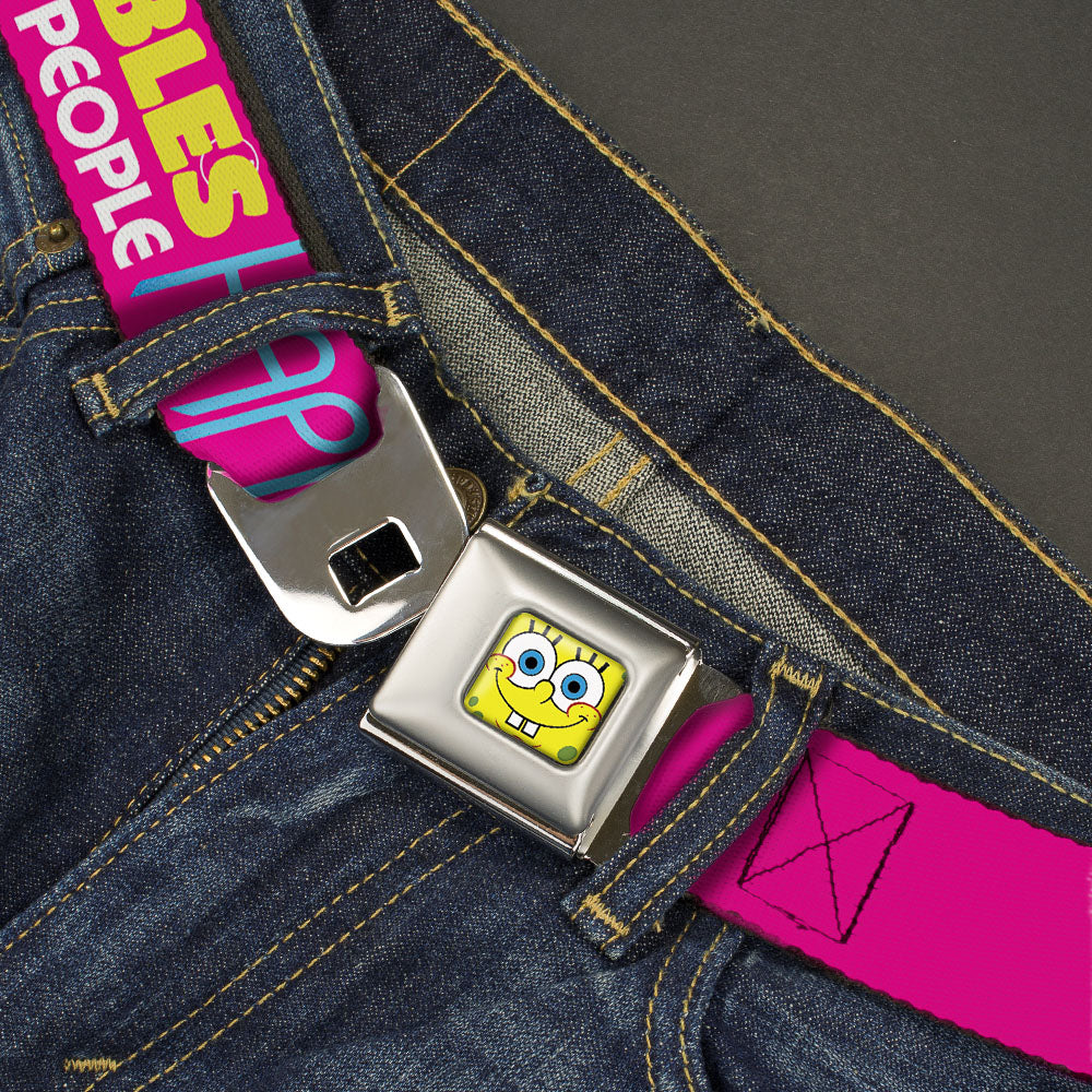 Sponge Bob Face CLOSE-UP Full Color Seatbelt Belt - Patrick Starfish Pose BUBBLES MAKE PEOPLE HAPPY Pink/Yellow/White/Blue Webbing - MEGA POP COMICS 