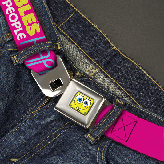 Sponge Bob Face CLOSE-UP Full Color Seatbelt Belt - Patrick Starfish Pose BUBBLES MAKE PEOPLE HAPPY Pink/Yellow/White/Blue Webbing - MEGA POP COMICS 