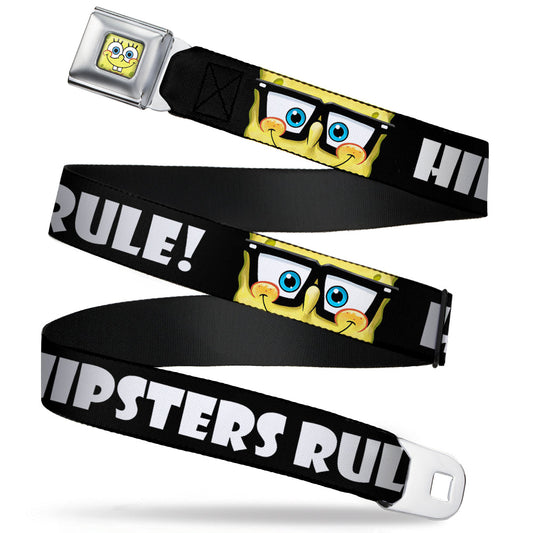 Sponge Bob Face CLOSE-UP Full Color Seatbelt Belt - SpongeBob Nerd HIPSTERS RULE! Black/White Webbing - MEGA POP COMICS 