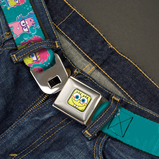 Sponge Bob Face CLOSE-UP Full Color Seatbelt Belt - Patrick, SpongeBob & Gary NOT NORMAL Aqua Webbing - MEGA POP COMICS 