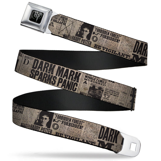 Harry Potter Logo Full Color Black/White Seatbelt Belt - Harry Potter Newspaper Headlines Webbing - MEGA POP COMICS 