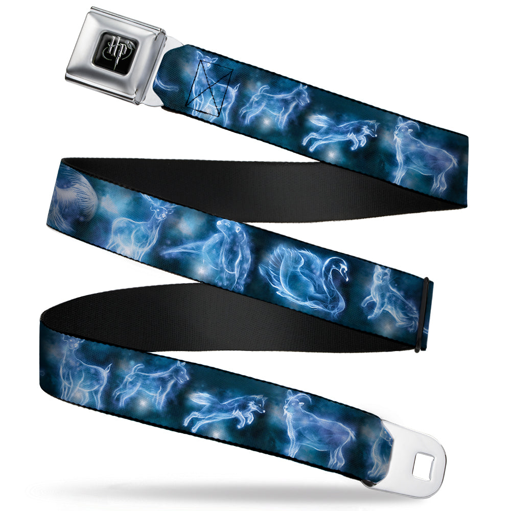 Harry Potter Logo Full Color Black/White Seatbelt Belt - Harry Potter Animal Spirits Black/Blue Webbing - MEGA POP COMICS 