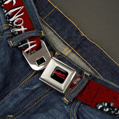 A NIGHTMARE ON ELM STREET Full Color Black/Blood Splatter Reds Seatbelt Belt - A NIGHTMARE ON ELM STREET/READY OR NOT HERE I COME/Freddy Pose/Skulls Reds/Black/Grays/White Webbing - MEGA POP COMICS 