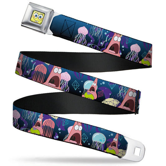 Sponge Bob Face CLOSE-UP Full Color Seatbelt Belt - Surprised Patrick Starfish/Jellyfish Blues/Purple/Pinks Webbing - MEGA POP COMICS 
