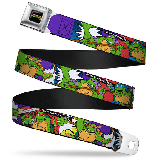 Classic TMNT Logo Full Color Seatbelt Belt - Classic Teenage Mutant Ninja Turtles Action Poses/TEAM TURTLES Webbing - MEGA POP COMICS 