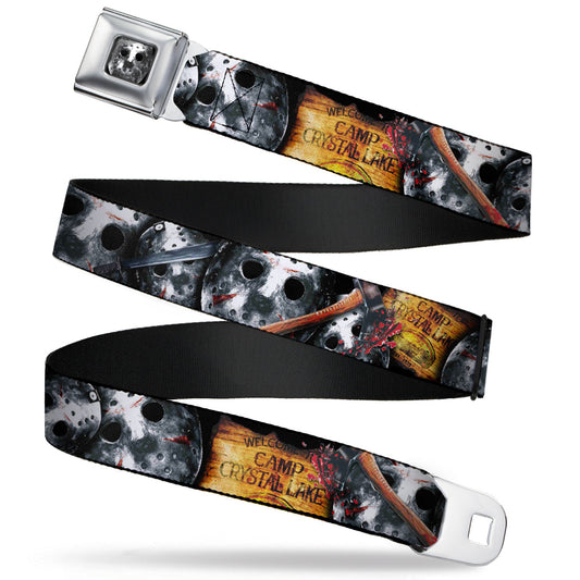 Jason Mask2 CLOSE-UP Full Color Black/Grays Seatbelt Belt - FRIDAY THE 13th/WELCOME TO CAMP CRYSTAL LAKE/Jason Mask3 Stacked/Axe Webbing - MEGA POP COMICS 