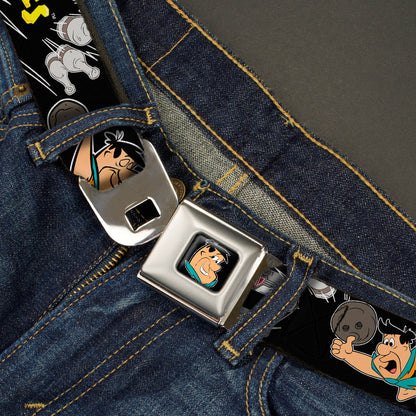 Fred Face Full Color Black Seatbelt Belt - THE FLINTSTONES Fred Bowling Poses/Bowling Pins Black Webbing - MEGA POP COMICS 