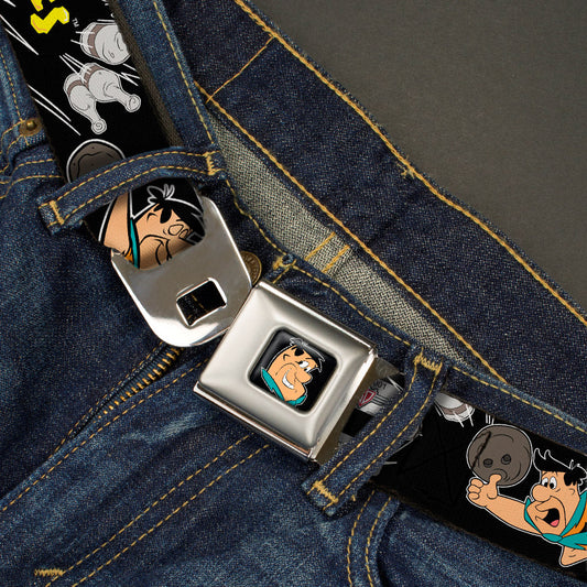 Fred Face Full Color Black Seatbelt Belt - THE FLINTSTONES Fred Bowling Poses/Bowling Pins Black Webbing - MEGA POP COMICS 
