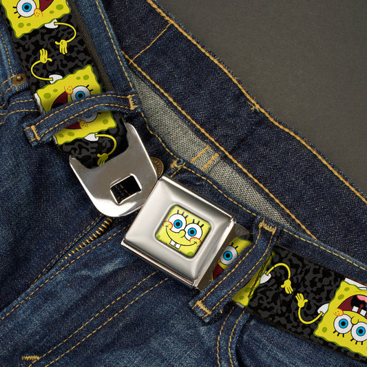 Sponge Bob Face CLOSE-UP Full Color Seatbelt Belt - SpongeBob Pose Flip/Camo Gray/Black Webbing - MEGA POP COMICS 