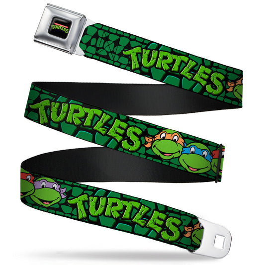 Classic TMNT Logo Full Color Seatbelt Belt - Classic Teenage Mutant Ninja Turtles Group Faces/TURTLES Turtle Shell Black/Green Webbing - MEGA POP COMICS 