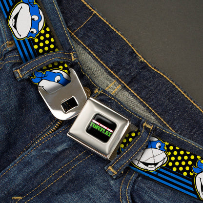 Classic TMNT Logo2 Full Color Seatbelt Belt - Classic TMNT Leonardo Expression Dots/Stripes Black/Yellow/Blue/White Webbing - MEGA POP COMICS 