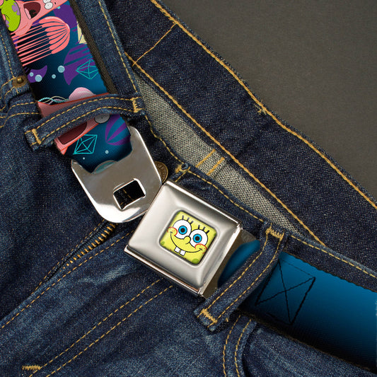 Sponge Bob Face CLOSE-UP Full Color Seatbelt Belt - Surprised Patrick Starfish/Jellyfish Blues/Purple/Pinks Webbing - MEGA POP COMICS 