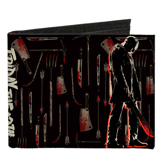 Canvas Bi-Fold Wallet - FRIDAY THE 13TH Jason Machete Pose Bloody Tools Black Grays Reds - MEGA POP COMICS 