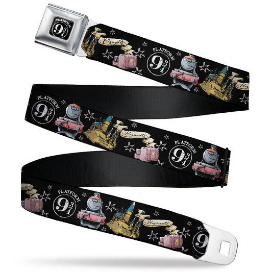 Slytherin Crest Full Color Seatbelt Belt - Harry Potter PLATFORM 9 3/4 Collage Black/White Webbing - MEGA POP COMICS 