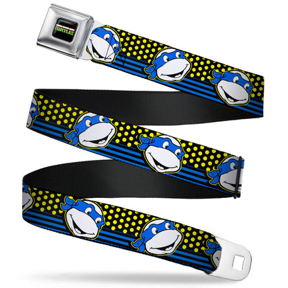 Classic TMNT Logo2 Full Color Seatbelt Belt - Classic TMNT Leonardo Expression Dots/Stripes Black/Yellow/Blue/White Webbing - MEGA POP COMICS 