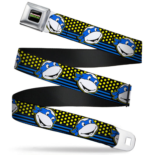 Classic TMNT Logo2 Full Color Seatbelt Belt - Classic TMNT Leonardo Expression Dots/Stripes Black/Yellow/Blue/White Webbing - MEGA POP COMICS 