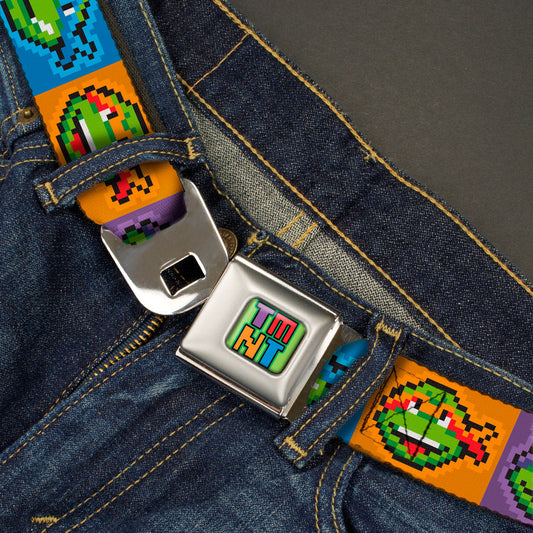 TMNT 8-Bit Full Color Greens/Multi Color Seatbelt Belt - Classic Teenage Mutant Ninja Turtles 8-Bit Face Blocks Multi Color Webbing - MEGA POP COMICS 