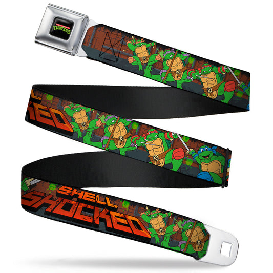 Classic TMNT Logo Full Color Seatbelt Belt - Classic Teenage Mutant Ninja Turtles Turtles Pose15 SHELL SHOCKED Brick Wall/Splatter Webbing - MEGA POP COMICS 