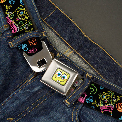 Sponge Bob Face CLOSE-UP Full Color Seatbelt Belt - Electric SpongeBob Poses/Elements Black/Multi Color Webbing - MEGA POP COMICS 